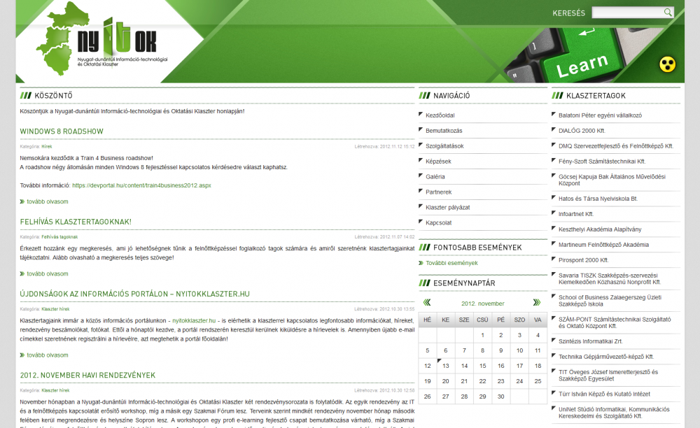 NYITOK Klaszter portál reszponzív webdesign-nal, HD felbontású nézetben