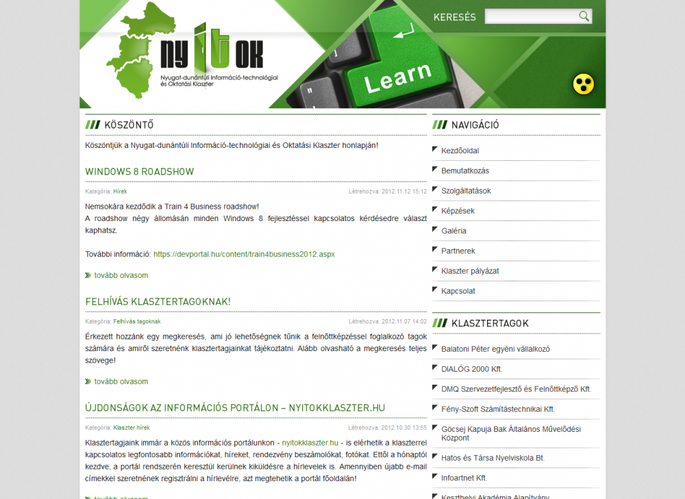 NYITOK Klaszter weblapja reszponzív webdesign alkalmazásával, 2 hasáb megjelenítéssel.
