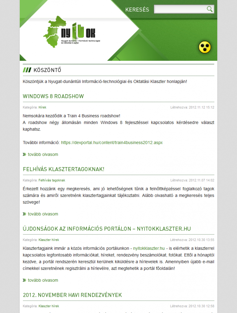 NYITOK Klaszter weboldala reszponzív webdesign kialakítással, tablet egy oszlopos álló nézetben.