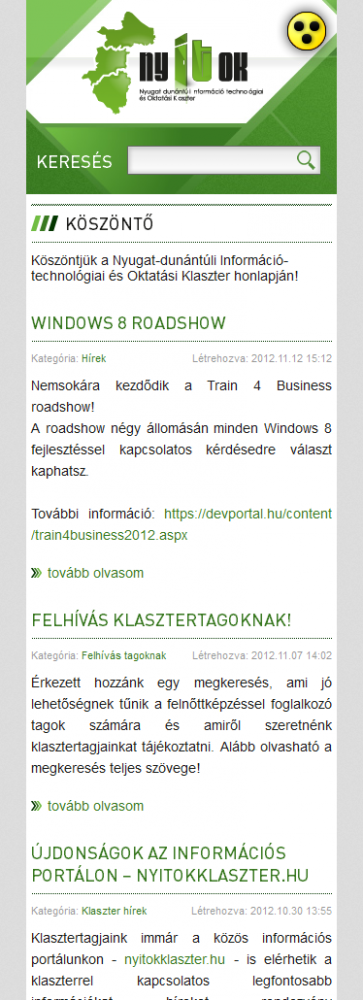NYITOK Klaszter weblap képe RWD használattal, mobilnézetben.