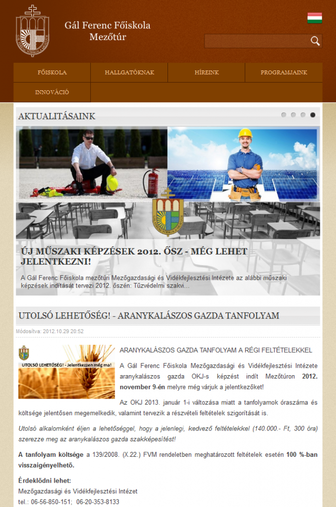 GFF intézményi weblap reszponzív webdesign alkalmazásával, tablet nézetben