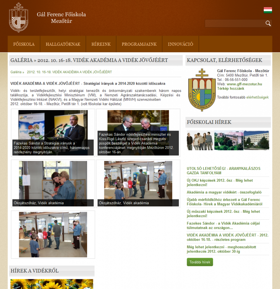 GFF weboldal RWD kialakítással, 3 hasábos nézetben.