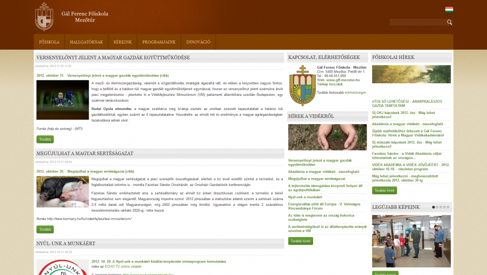 GFF intézményi portál reszponzív webdesign-nal kialakított oldalának képe