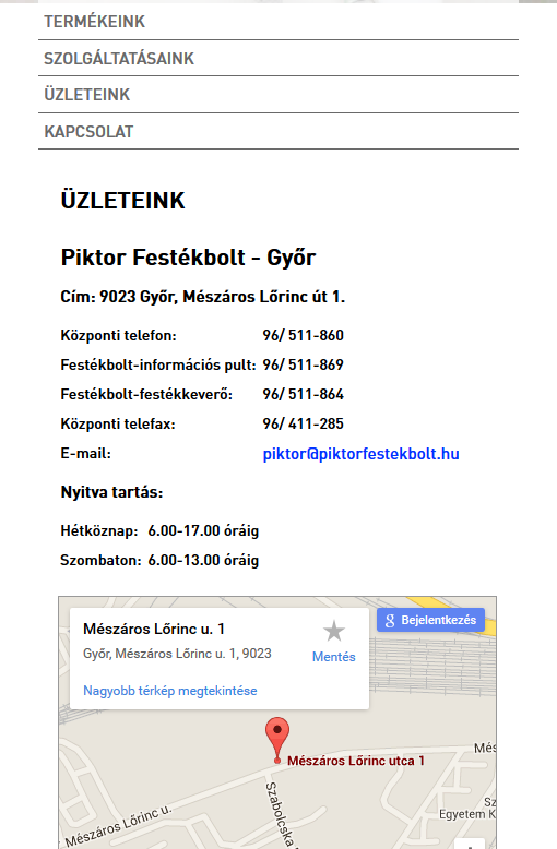 Piktor Festékbolt weboldal tablet álló nézetben