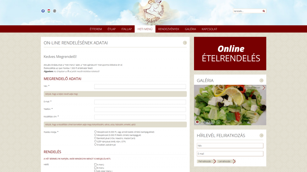 Aphrodite Étterem weboldala hd nézetben