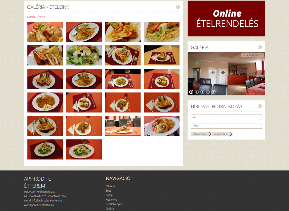 Aphrodite Étterem weboldala normál nézetben