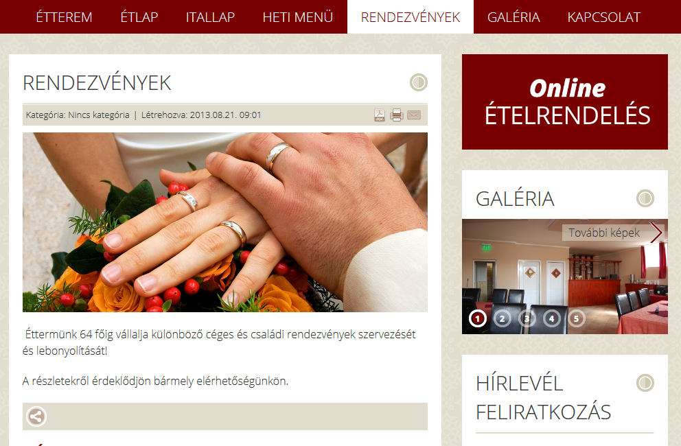 Aphrodite Étterem weboldala tablet fekvő nézetben