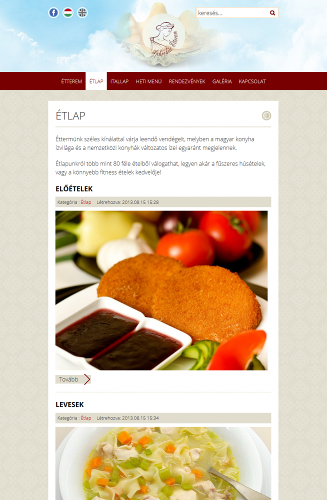 Aphrodite Étterem weboldala tablet álló nézetben