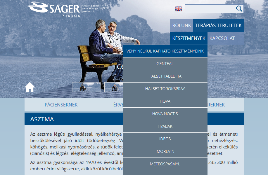 Sager Pharma weboldala tábla fekvő nézetben