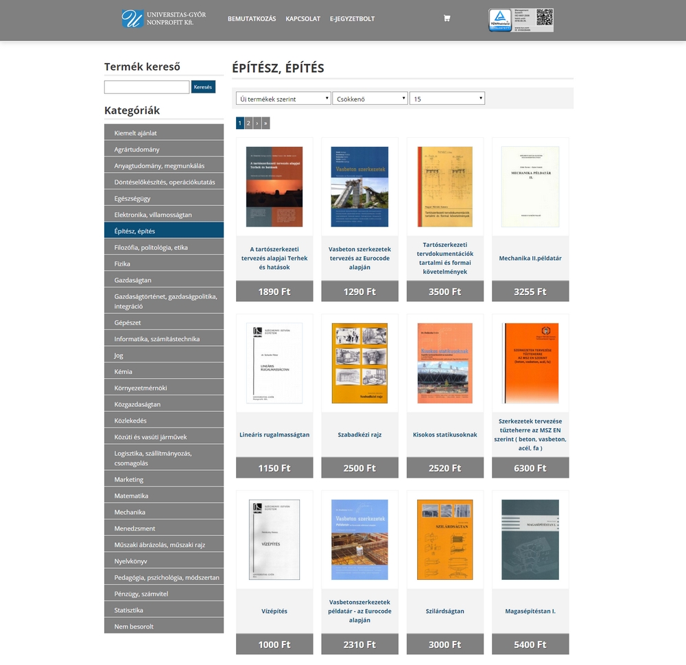 Universitas-Győr Nonprofit Kft. weboldala, Webshop