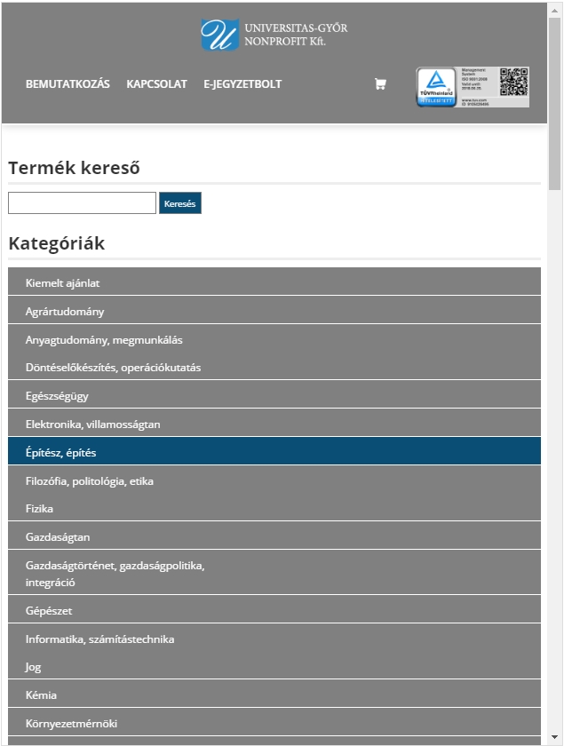 Széchenyi Egyetem Jegyzetbolt weboldal tablet nézet