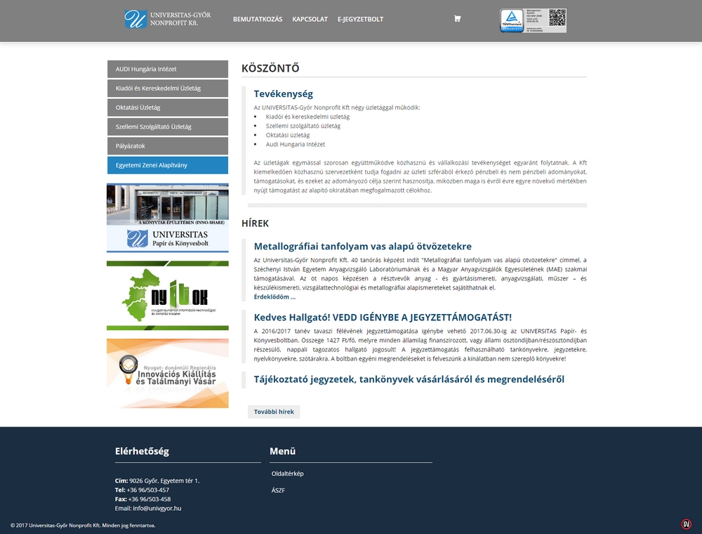 Universitas-Győr Nonprofit Kft. weboldala - HD felbontás