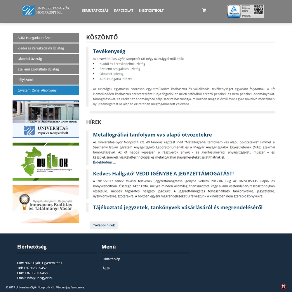 Universitas-Győr Nonprofit Kft. weboldala - normál felbontás