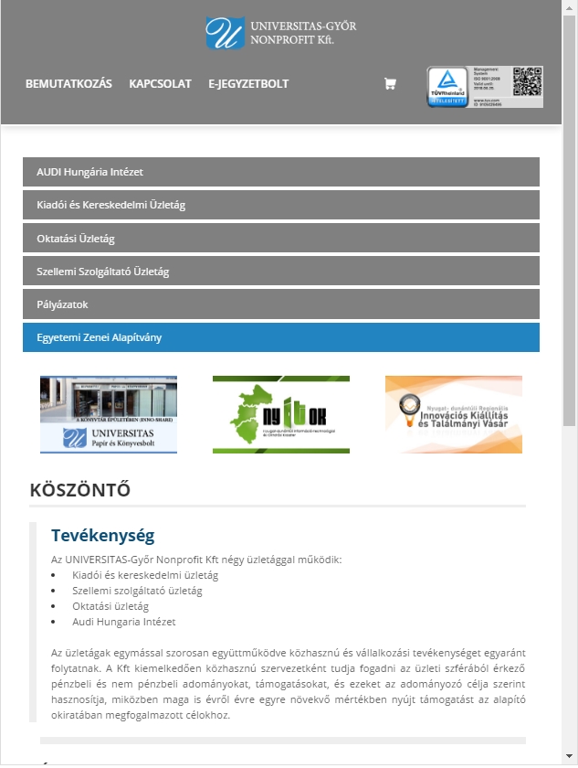 Universitas-Győr Nonprofit Kft. weboldala, tablet nézet