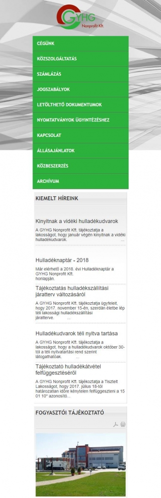 GYHG Győri Hulladékgazdálkodási Nonprofit Kft. (http://www.gyhg.hu) - mobil nézet