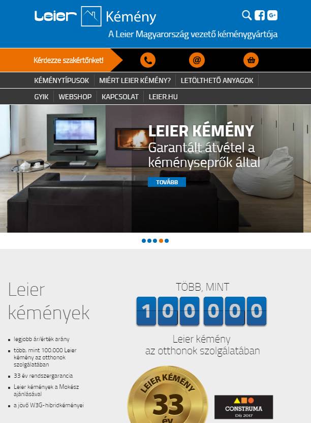 Leier kéményshop (https://kemenyshop.leier.hu/) - tablet nézet (álló)