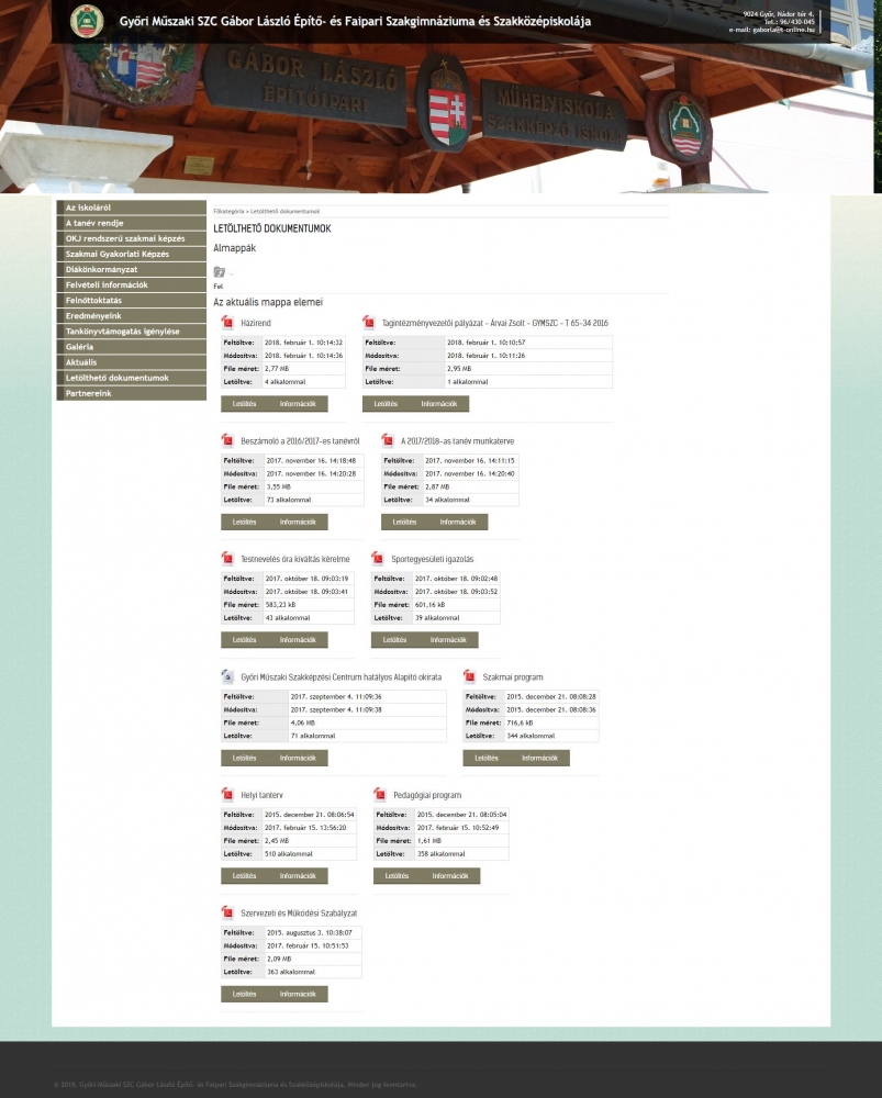 Győri Műszaki SZC Gábor László Építőipari Szakközépiskolája, http://muhelyiskola.hu, RWD, full reszponzív weboldal, letöltésvezérlő