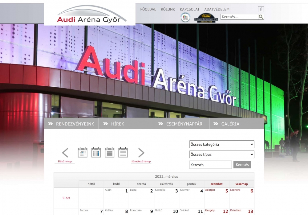 Audi Aréna Győr (https://www.audiarena.hu/) - Eseménynaptár menüpont