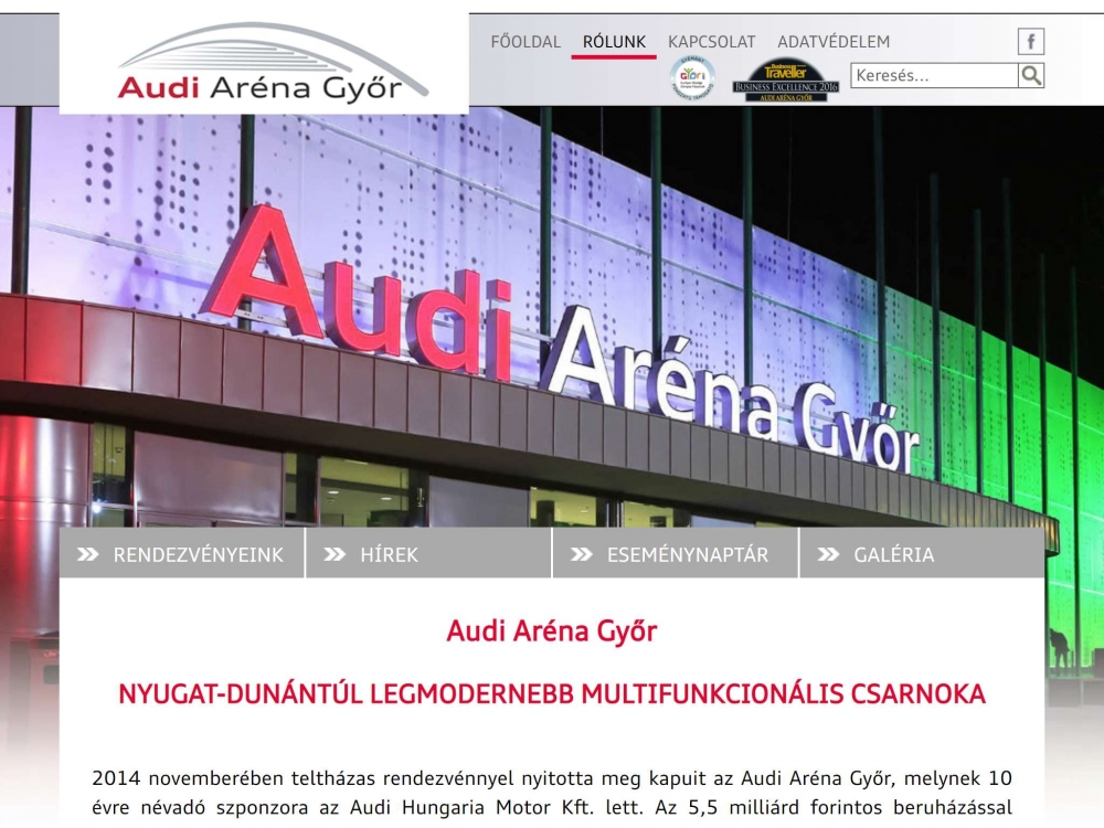 Audi Aréna Győr (https://www.audiarena.hu/) - Tablet fekvő nézet