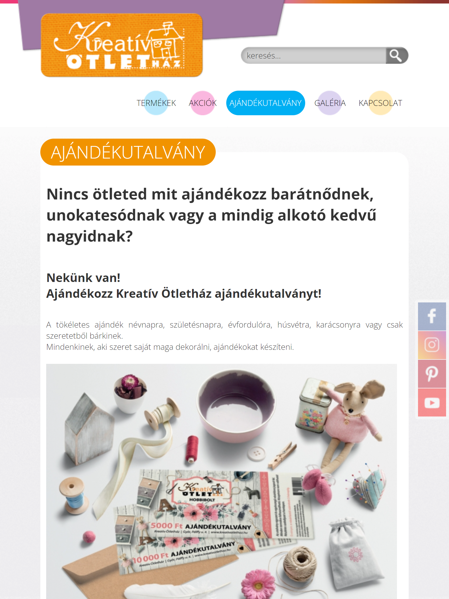 Kreatív Ötletház (https://kreativotlethaz.hu/) - Tablet nézet