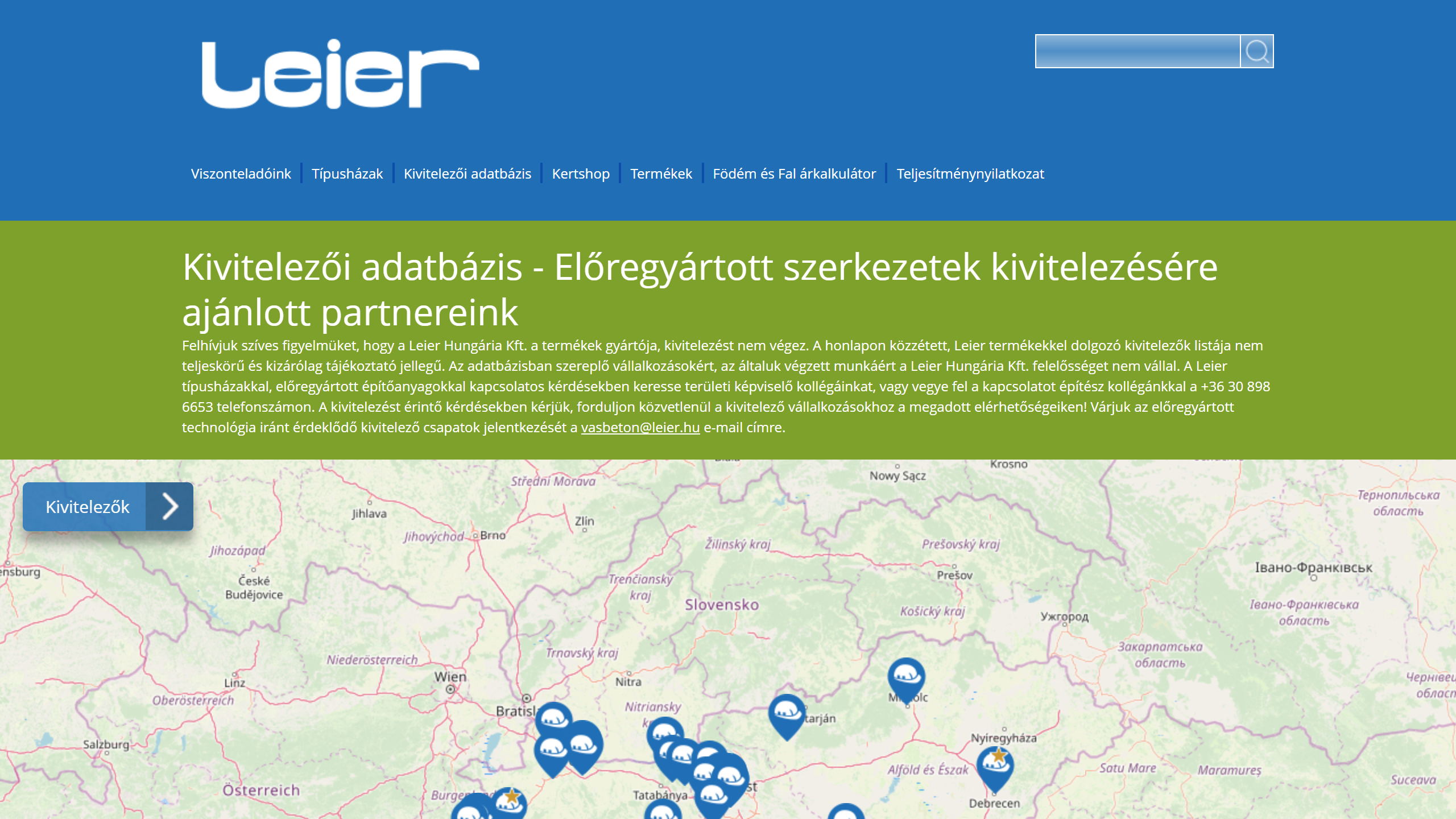 Leier Hungária Kft. (https://www.leier.hu/) - Kivitelező adatbázis menüpont