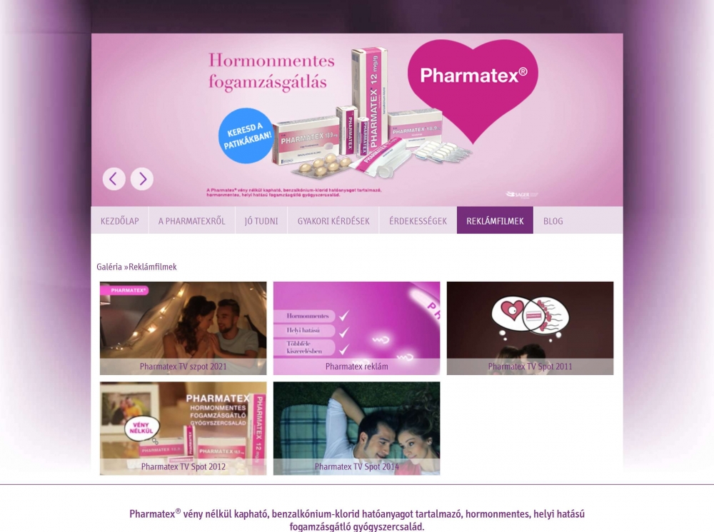 Pharmatex weboldal (https://pharmatex.hu/) -  Reklámfilmek menüpont