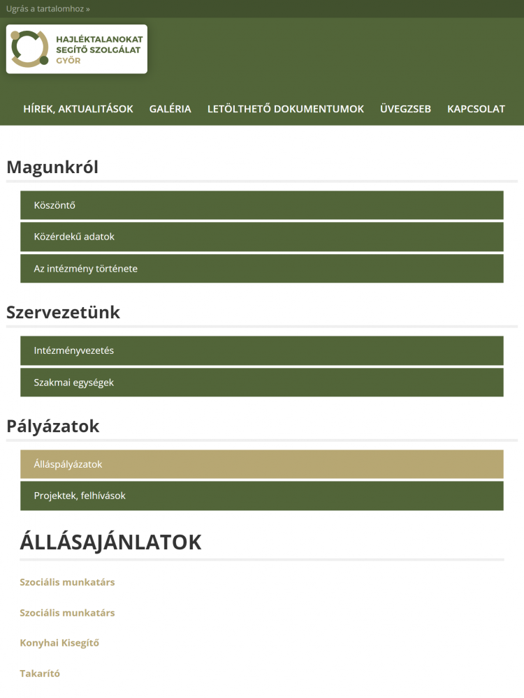 Hajléktalanokat Segítő Szolgálat Győr (http://hssz.hu/kezdolap) - Tablet nézet