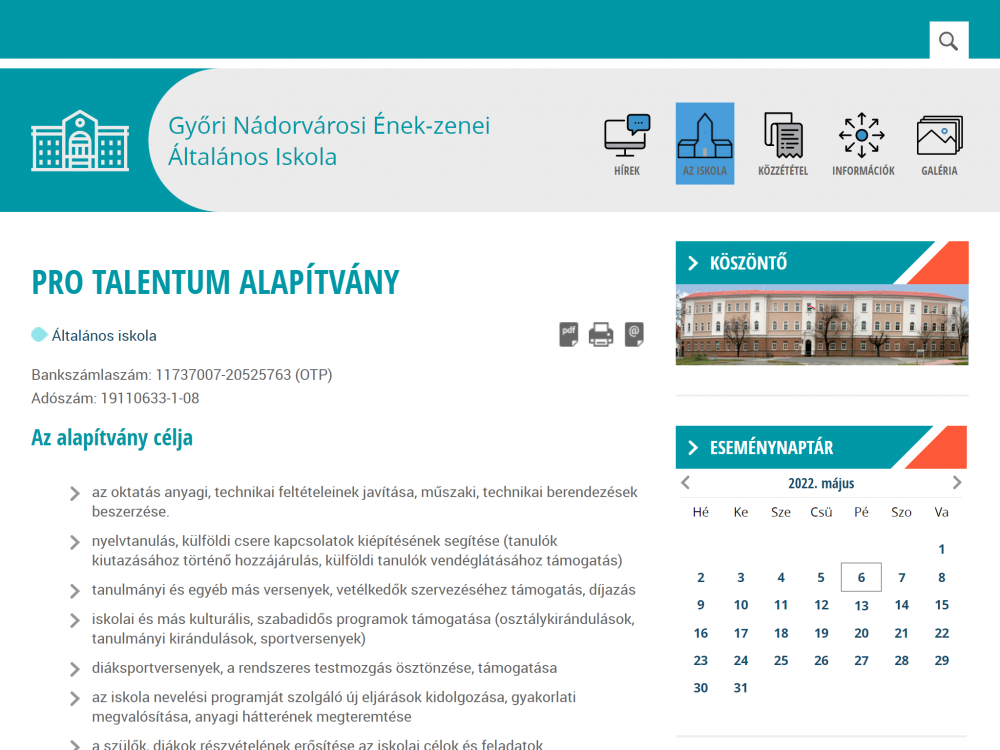 Győri Nádorvárosi Ének-zenei Általános Iskola (https://nadorgyor.hu/kezdolap) - Tablet fekvő nézet