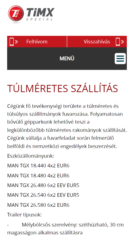 Timx Special Kft. (http://timxspecial.hu/kezdolap) - Mobil nézet