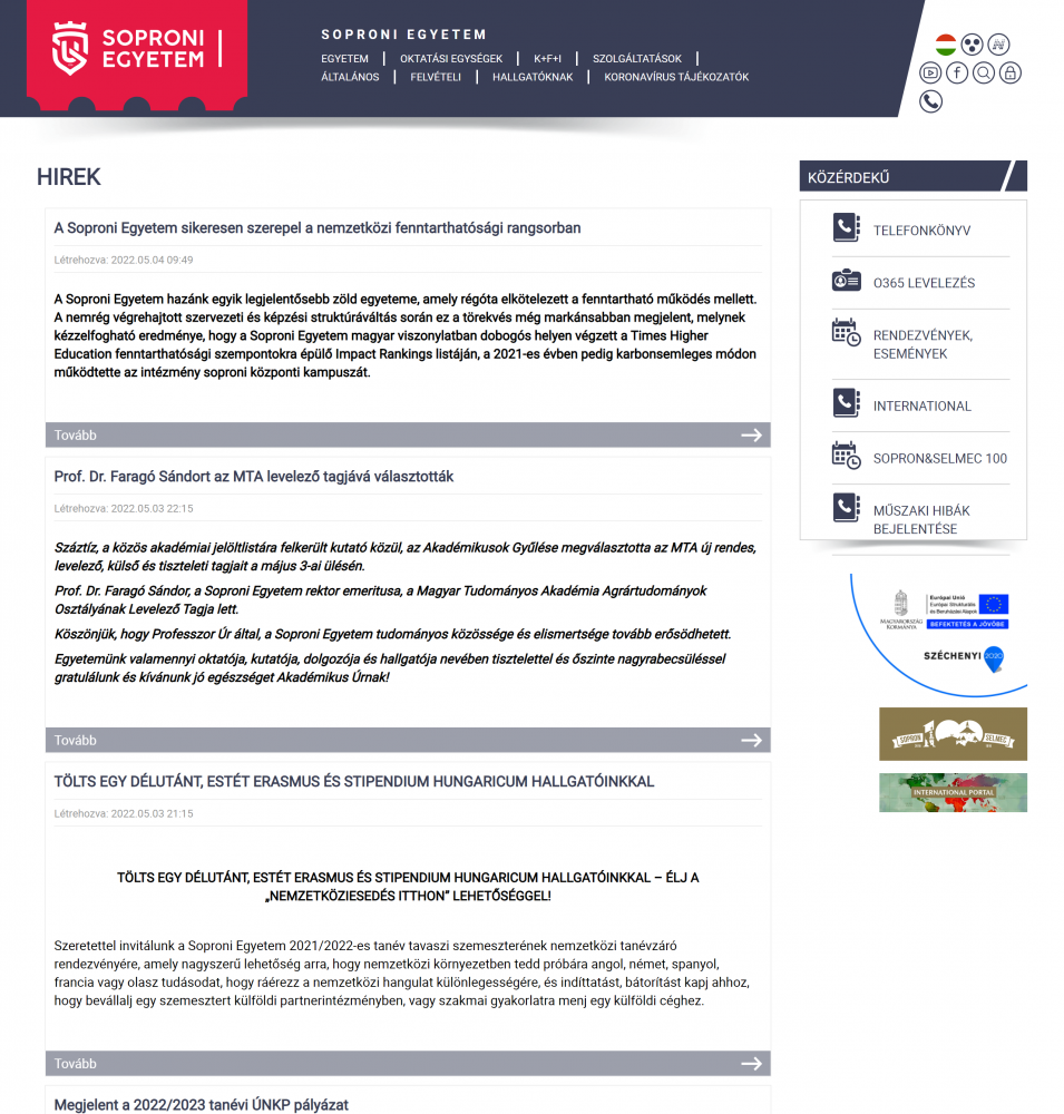 Soproni Egyetem (http://uni-sopron.hu/) Hírek oldal