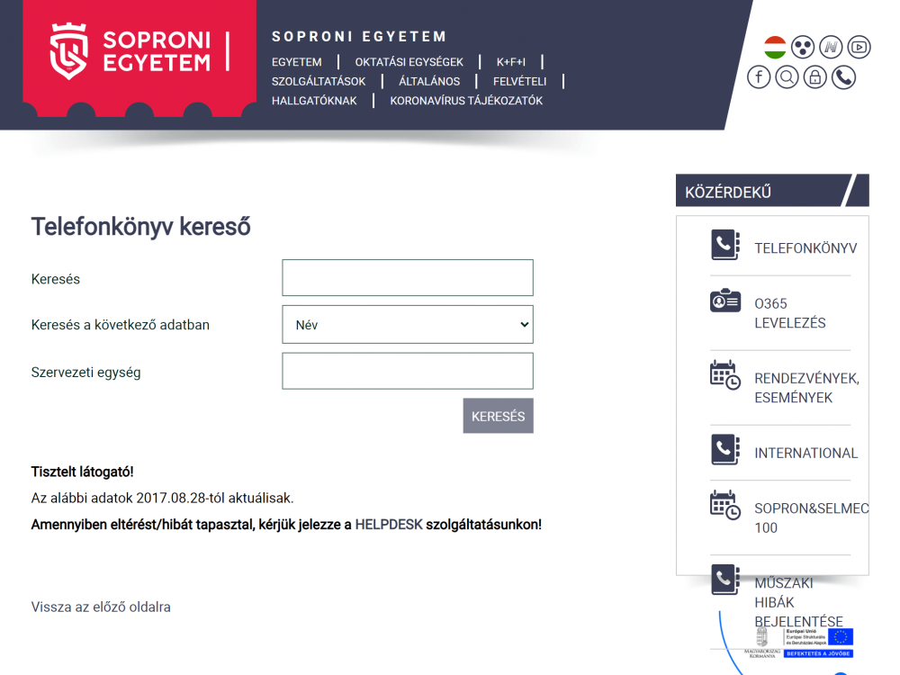 Soproni Egyetem (http://uni-sopron.hu/) Tablet fekvő nézet