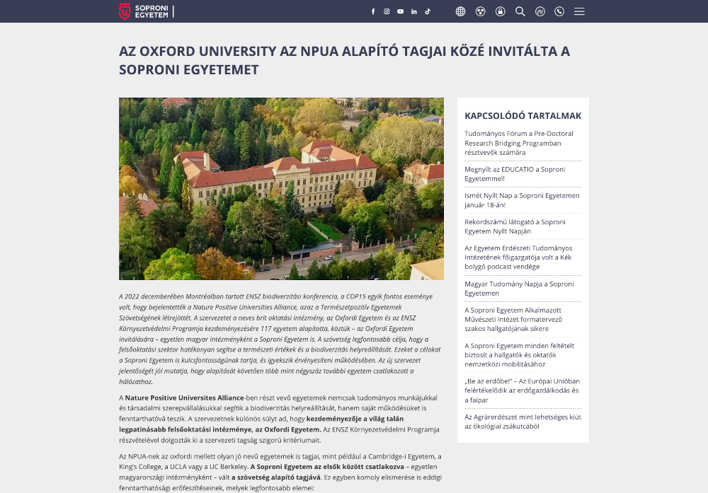 Soproni Egyetem tartalmi oldal részlete - desktop nézetben