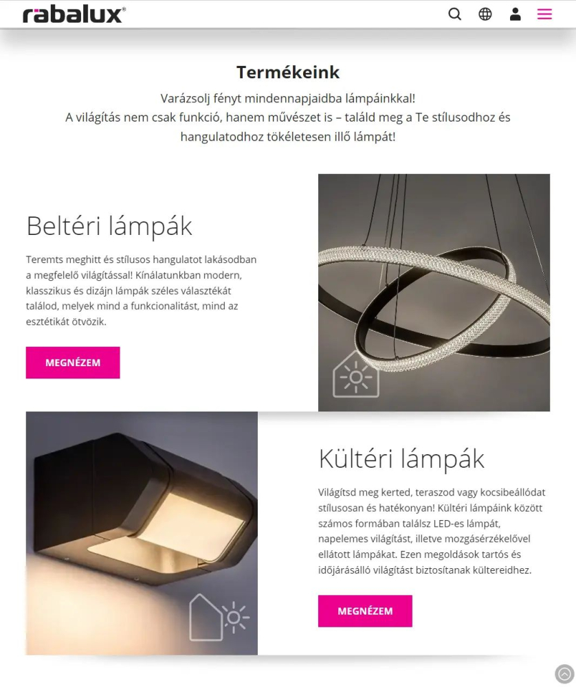 Rábalux Zrt. webkatalógus és B2B webáruház weboldala - álló tábla nézet